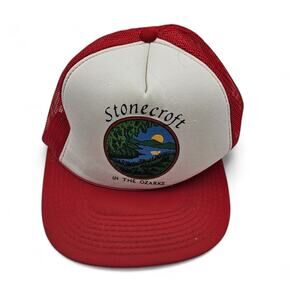 Vintage 1980s Stonecroft in the Ozarks Mesh Trucker Hat Snapback Red White